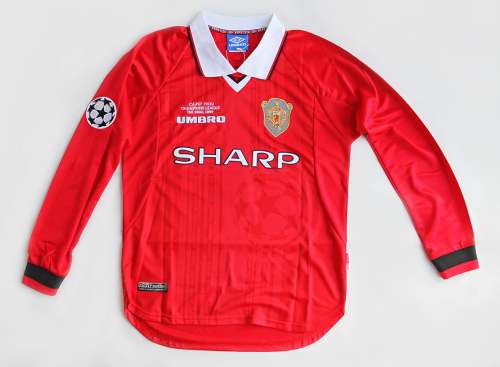 with Front Lettering+UCL Patch Long Sleeve Retro Jersey 1999-2000 Manchester United Champions League Version Home Soccer Jersey