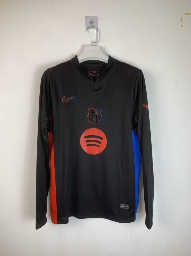 Long Sleeve with Big Spofity Barca Camisetas de Futbol Fan Version 2024-2025 Barcelona Away Black Soccer Jersey