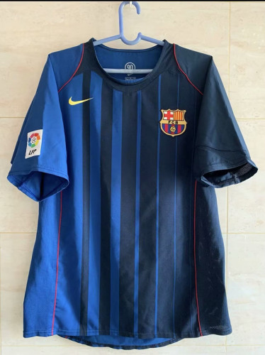 with LFP Patch Retro Jersey 2004-2005 Barcelona Away Dark Blue Soccer Jersey Vintage Football Shirt