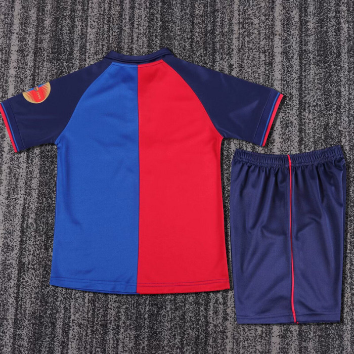 with Patch Retro Youth Uniform Kids Kit 1999-2000 Barcelona Home Soccer Jersey Shorts Vintage Child Football Set