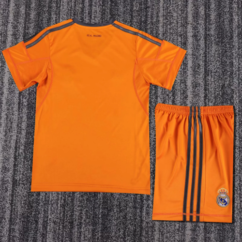 Retro Youth Uniform Kids Kit 2013-2014 Real Madrid Away Orange Soccer Jersey Shorts Vintage Child Football Set