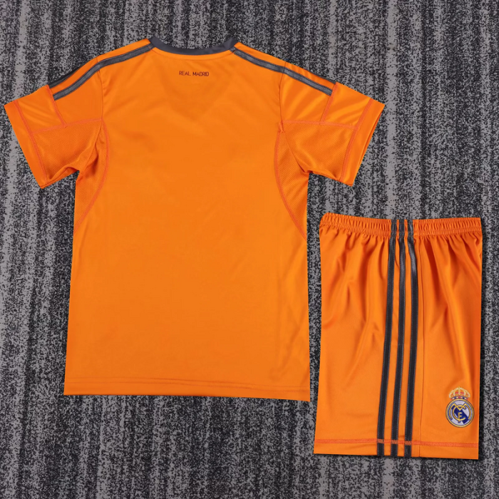 Retro Youth Uniform Kids Kit 2013-2014 Real Madrid Away Orange Soccer Jersey Shorts Vintage Child Football Set