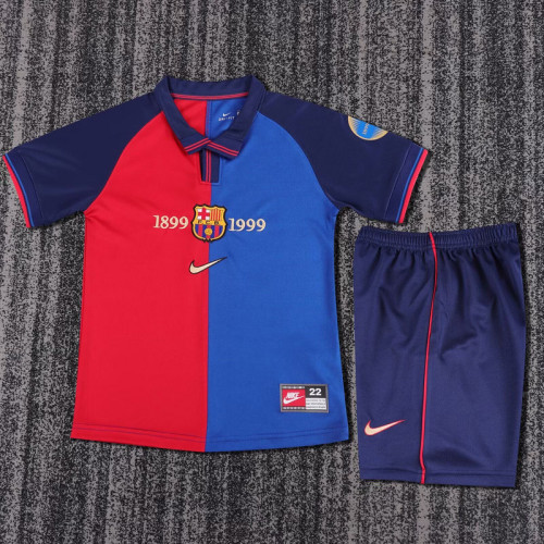 with Patch Retro Youth Uniform Kids Kit 1999-2000 Barcelona Home Soccer Jersey Shorts Vintage Child Football Set