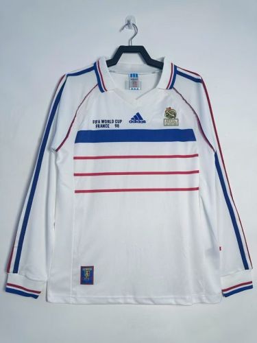 with Front Lettering Long Sleeve Retro Jersey 1998 France Away White Soccer Jersey Vintage Football Shirt