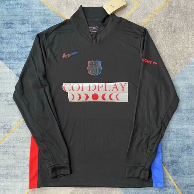Coldplay with Logo Long Sleeve Barca Camisetas de Futbol Fan Version 2024-2025 Barcelona Away Black Soccer Jersey