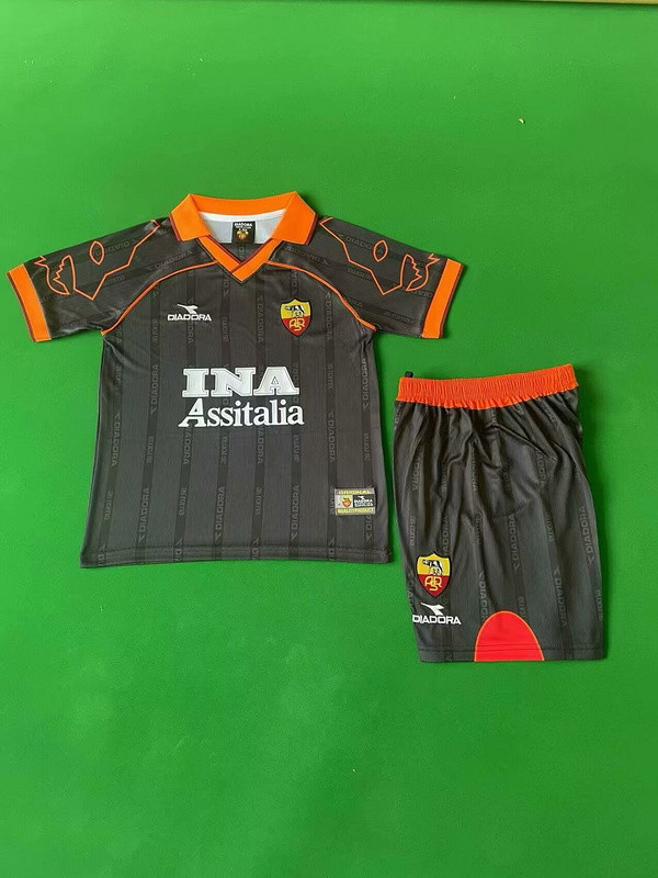 Retro Youth Uniform Kids Kit 1999-2000 As Roma Away Black Soccer Jersey Shorts Vintage Child Football Set