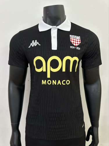 with Sponor Logo Player Version 2024-2025 AS Monaco 100th Centenary Soccer Jersey Black Football Shirt