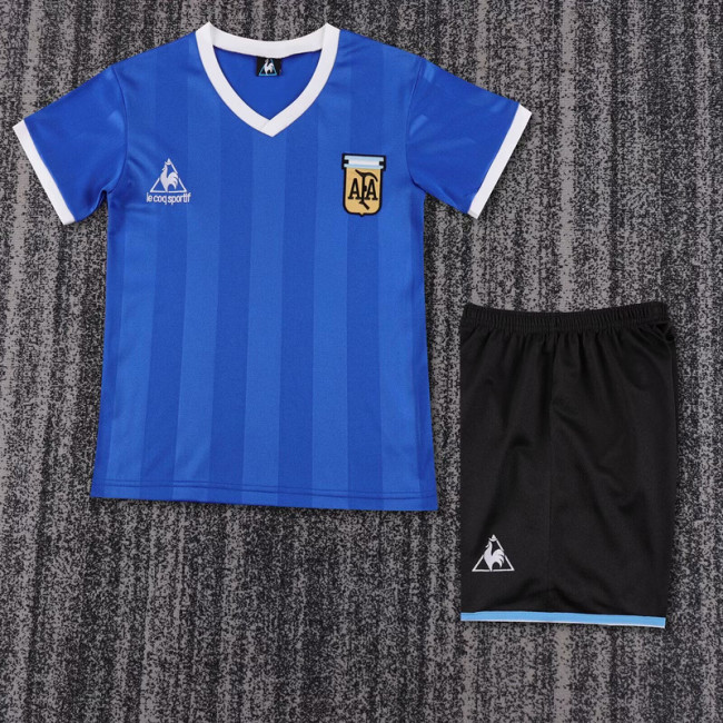 Retro Youth Uniform Kids Kit 1986 Argentina Away Blue Soccer Jersey Shorts Vintage Child Football Set