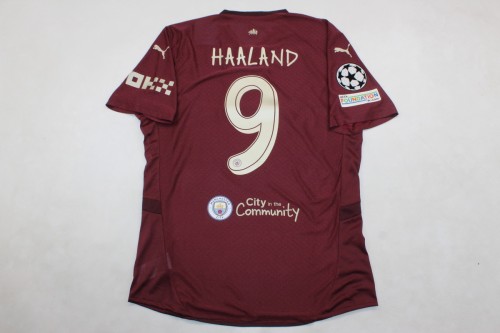 with Front Pathc+UCL Patch Fan Version Manchester City 2024-2025 HAALAND 9 Third Away Dark Red Soccer Jersey Man City Football Shirt