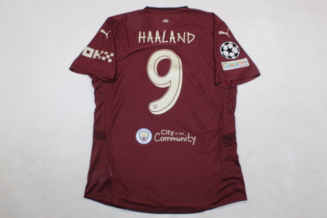 with Front Pathc+UCL Patch Fan Version Manchester City 2024-2025 HAALAND 9 Third Away Dark Red Soccer Jersey Man City Football Shirt