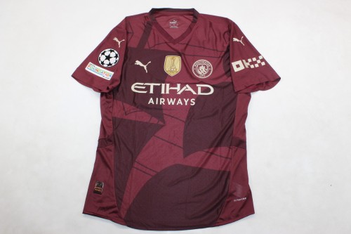 with Front Pathc+UCL Patch Fan Version Manchester City 2024-2025 Third Away Dark Red Soccer Jersey Man City Football Shirt