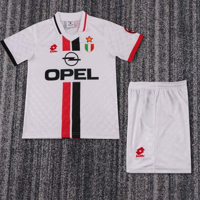 with Scudetto Patch Retro Youth Uniform Kids Kit 1996-1997 AC Milan Away White Soccer Jersey Shorts Vintage Child Football Set