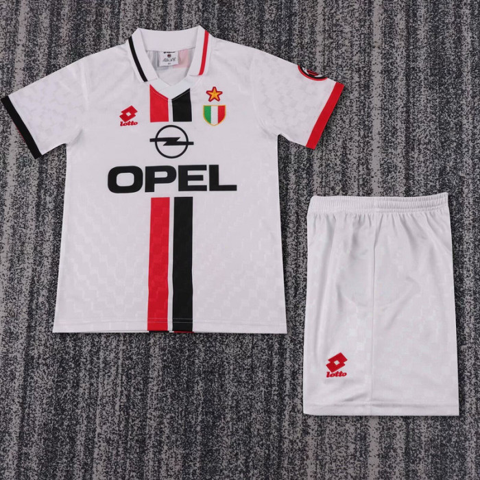 with Scudetto Patch Retro Youth Uniform Kids Kit 1996-1997 AC Milan Away White Soccer Jersey Shorts Vintage Child Football Set