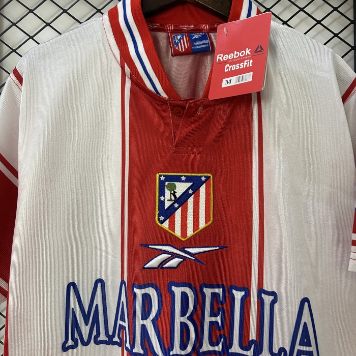 with LFP Patch Retro Jersey 1999-2000 Atletico Madrid Home Soccer Jersey Vintage Football Shirt