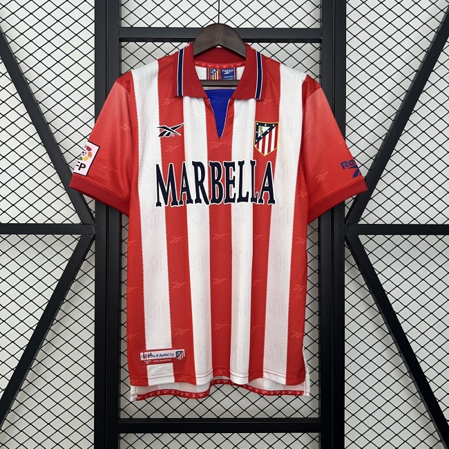with LFP Patch Retro Jersey 1998-1999 Atletico Madrid Home Soccer Jersey Vintage Football Shirt