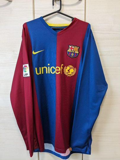 with Sponor Logo+LFP Patch Retro Jersey Long Sleeve 2006-2007 Barcelona Home Soccer Jersey Vintage Football Shirt