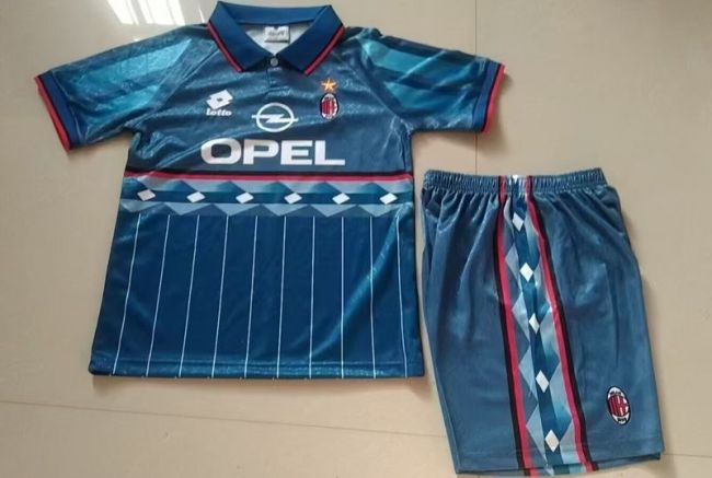 Retro Youth Uniform Kids Kit 1995-1996 AC Milan Away Blue Soccer Jersey Shorts Vintage Child Football Set