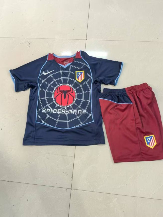 Retro Youth Uniform Kids Kit 2004-2005 Atletico Madrid Away Dark Blue Soccer Jersey Shorts Vintage Child Football Set