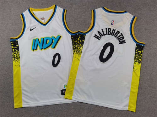 Youth Kids 2025 City Version Indiana Pacers 0 HALIBURTON White/Black/Yellow NBA Shirt Child Basketball Jersey
