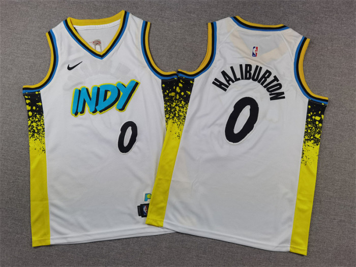 Youth Kids 2025 City Version Indiana Pacers 0 HALIBURTON White/Black/Yellow NBA Shirt Child Basketball Jersey