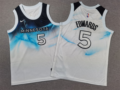 Youth Kids 2025 City Edition Minnesota Timberwolves 5 EDWARDS White NBA Jersey Child Basketball Shirt