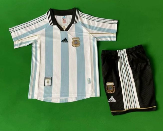 Retro Youth Uniform Kids Kit 1998 Argentina Home Soccer Jersey Shorts Vintage Child Football Set