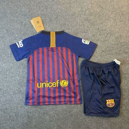 with LFP Patch Retro Youth Uniform Kids Kit 2018-2019 Barcelona Home Soccer Jersey Shorts Vintage Child Football Set