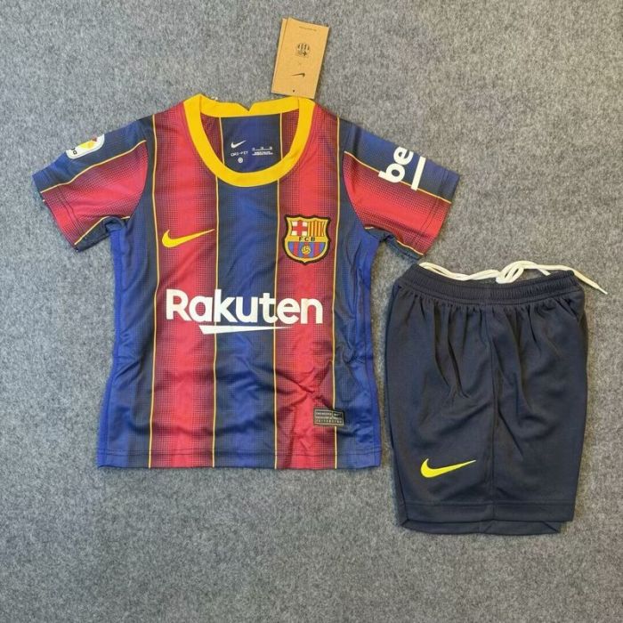 with LFP Patch Retro Youth Uniform Kids Kit 2020-2021 Barcelona Home Soccer Jersey Shorts Vintage Child Football Set