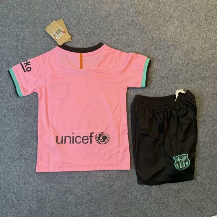 Retro Youth Uniform Kids Kit 2020-2021 Barcelona Third Away Pink Soccer Jersey Shorts Vintage Child Football Set