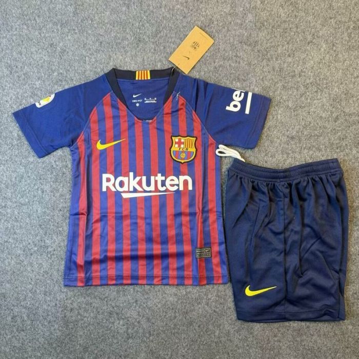 with LFP Patch Retro Youth Uniform Kids Kit 2018-2019 Barcelona Home Soccer Jersey Shorts Vintage Child Football Set
