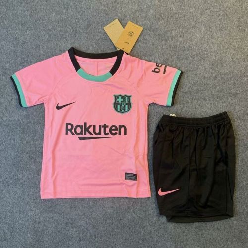 Retro Youth Uniform Kids Kit 2020-2021 Barcelona Third Away Pink Soccer Jersey Shorts Vintage Child Football Set