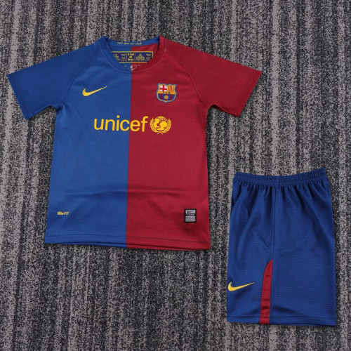 Retro Youth Uniform Kids Kit 2008-2009 Barcelona League Version Home Soccer Jersey Shorts Vintage Child Football Set