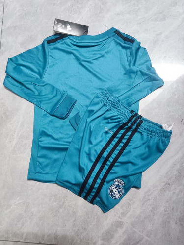 Long Sleeve Retro Youth Uniform Kids Kit 2017-2018 Real Madrid Third Away Blue Soccer Jersey Shorts Vintage Child Football Set