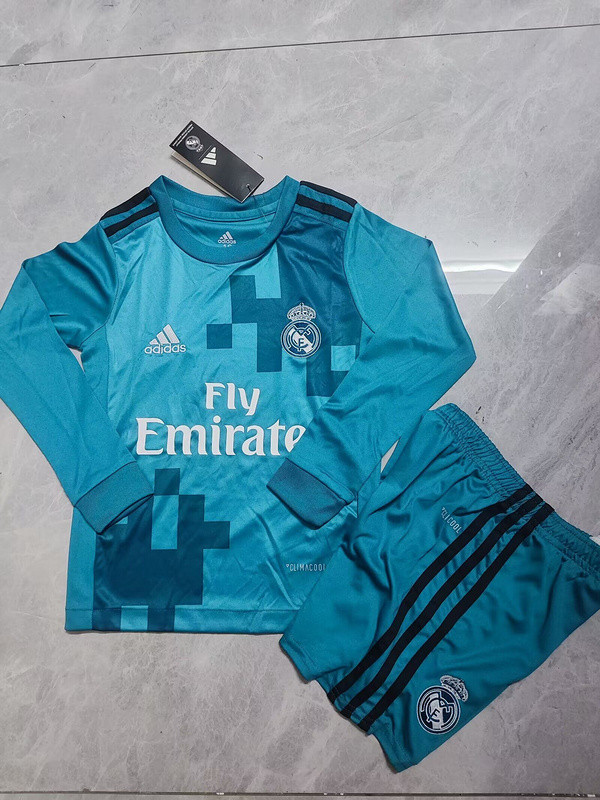 Long Sleeve Retro Youth Uniform Kids Kit 2017-2018 Real Madrid Third Away Blue Soccer Jersey Shorts Vintage Child Football Set