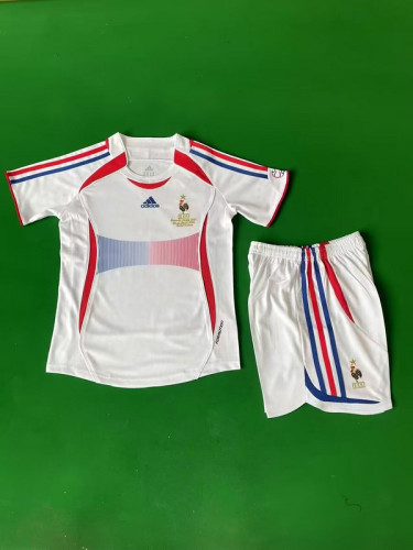 with Front Lettering Retro Youth Uniform Kids Kit 2006 France Away White Final Model Soccer Jersey Shorts Child Football Set