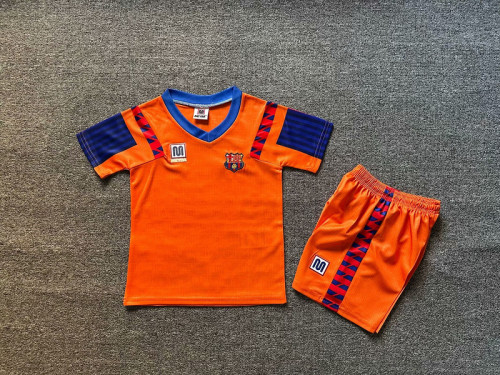 Retro Youth Uniform Kids Kit 1992 Barcelona Away Orange Soccer Jersey Shorts Vintage Child Football Set