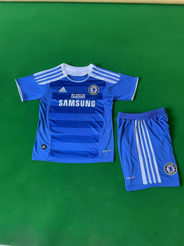 with Front Lettering Retro Youth Uniform Kids Kit 2011-2012 Chelsea UCL Final Home Soccer Jersey Shorts Vintage Child Football Set