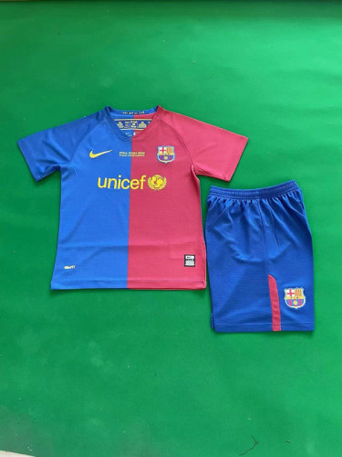 with Front Lettering Retro Youth Uniform Kids Kit 2008-2009 Barcelona UCL Final Home Soccer Jersey Shorts Vintage Child Football Set