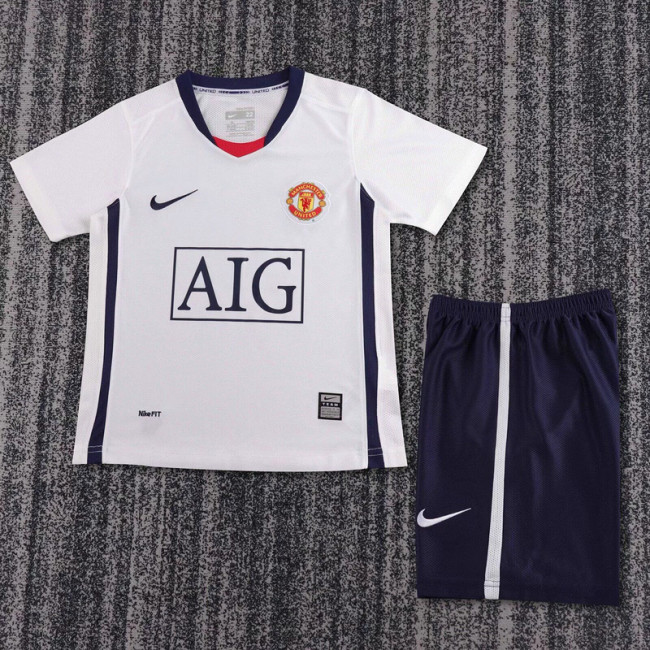 Retro Youth Uniform Kids Kit 2008-2009 Manchester United Away White Soccer Jersey Shorts Vintage Child Football Set
