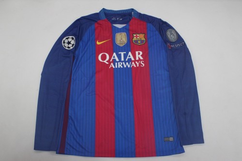 with Golden FIFA+UCL Patch Long Sleeve Retro Jersey 2016-2017 Barcelona Home Soccer Jersey Vintage Football Shirt