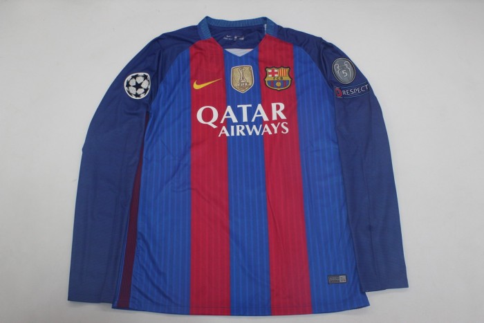 with Golden FIFA+UCL Patch Long Sleeve Retro Jersey 2016-2017 Barcelona Home Soccer Jersey Vintage Football Shirt