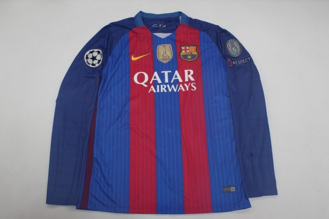 with Golden FIFA+UCL Patch Long Sleeve Retro Jersey 2016-2017 Barcelona Home Soccer Jersey Vintage Football Shirt