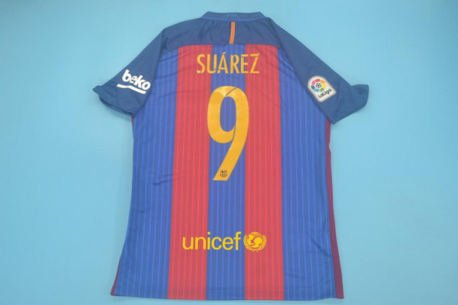 with LFP Patch Retro Jersey 2016-2017 Barcelona SUAREZ 9 Home Soccer Jersey Vintage Football Shirt