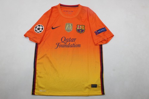 with Golden FIFA+UCL Patch Retro Shirt 2012-2013 Barcelona Away Orange Vintage Soccer Jersey