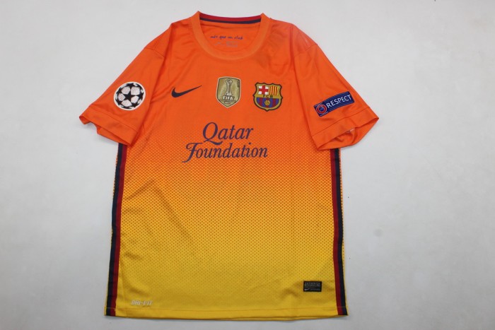 with Golden FIFA+UCL Patch Retro Shirt 2012-2013 Barcelona MESSI 10 Away Orange Vintage Soccer Jersey