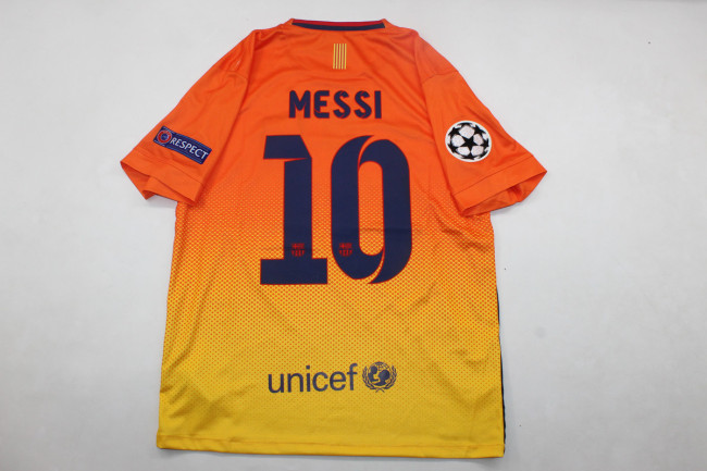 with Golden FIFA+UCL Patch Retro Shirt 2012-2013 Barcelona MESSI 10 Away Orange Vintage Soccer Jersey