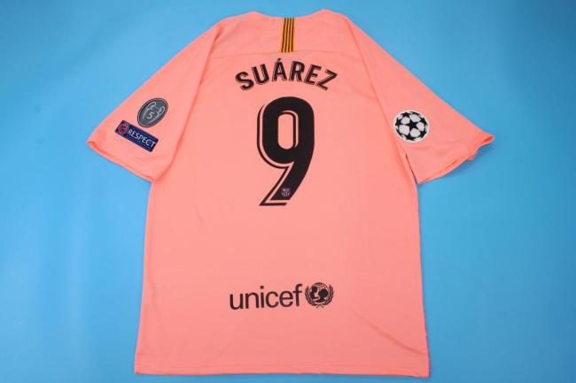 with UCL Patch Retro Jersey 2018-2019 Barcelona SUAREZ 9 Third Away Pink Soccer Jersey Vintage Football Shirt