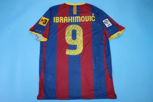 with Golden FIFA+LFP+TV 3 Patch Retro Jersey 2010-2011 Barcelona IBRAHIMOVIC 9 Home Soccer Jersey Vintage Football Shirt