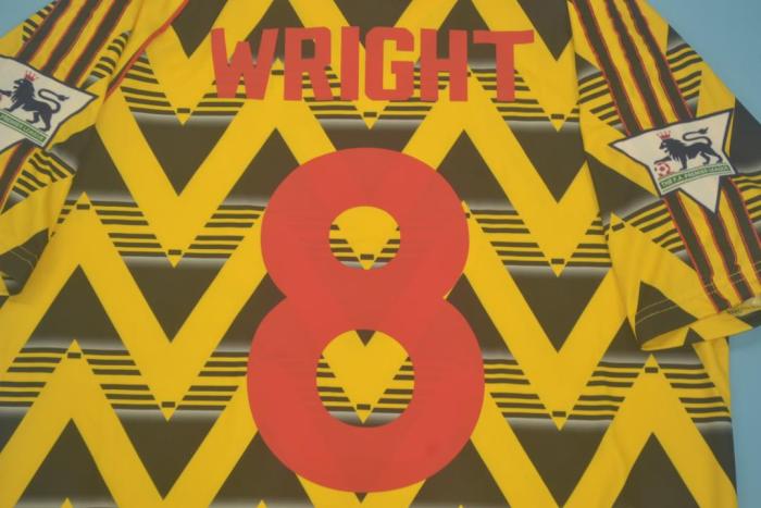 with EPL Patch Retro Jersey 1991-1993 Arsenal WRIGHT 8 Away Yellow Vintage Soccer Jersey