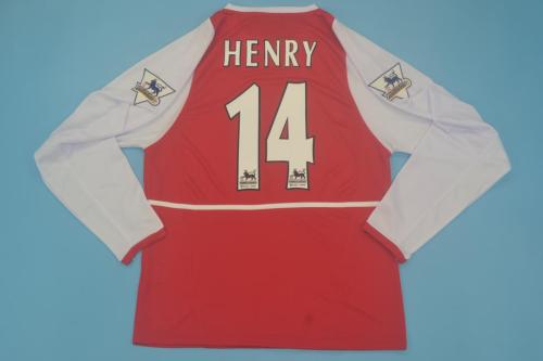 with EPL Patch Long Sleeve Retro Jersey 2002-2004 Arsenal HENRY 14 Home Soccer Jersey LS Vintage Football Shirt